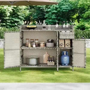 47.5'' Outdoor Storage Cabinet with Tempered Glass Desktop, Weather-proof Rattan Bar Table with 3 Doors, Adjustable Shelf & 1 Drawer, Wicker Storage Cabinet for Patio, Garden, Kitchen & BBQ, Grey