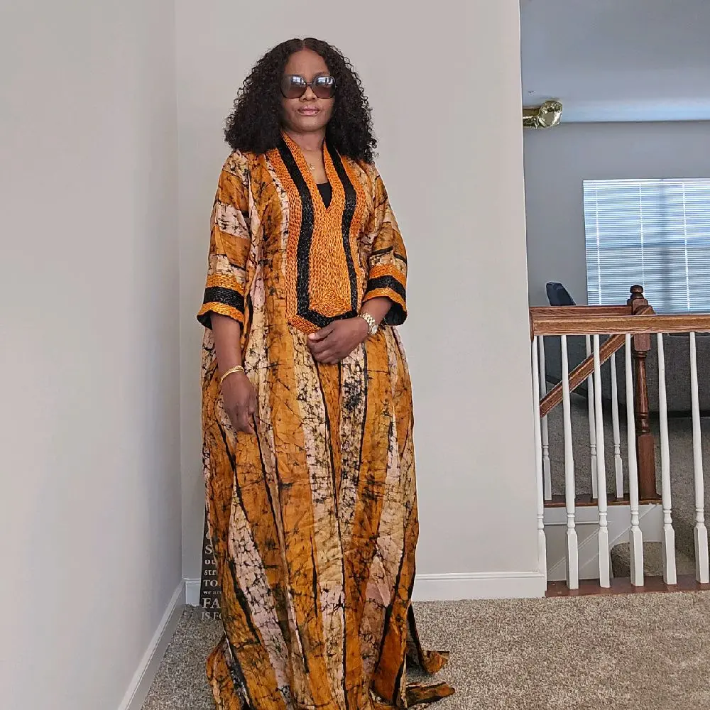 Achalugo Handmade African Adire Bubu Kaftan Stripes with Embellished Neckline and sleeves . Traditional Design.