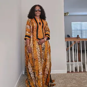 Achalugo Handmade African Adire Bubu Kaftan Stripes with Embellished Neckline and sleeves . Traditional Design.