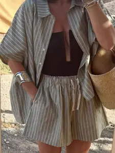 Oversized Boxy Short Sleeve Shirt & Short Set in Grey Stripe