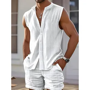 Men'S New Sleeveless Summer Casual Suit 2pcs Set - Slim Fit Stand-Up Collar Sleeveless Shirt And Drawstring Pants, Horizontal Striped Lightweight Beachwear, Breathable Fabric Suitable for Vacation And Daily Outings