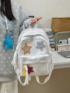 Star Embroidered Polyester Backpack, Casual Plain Design, Large Capacity, Unisex, All Seasons, Perfect for School and Daily Use