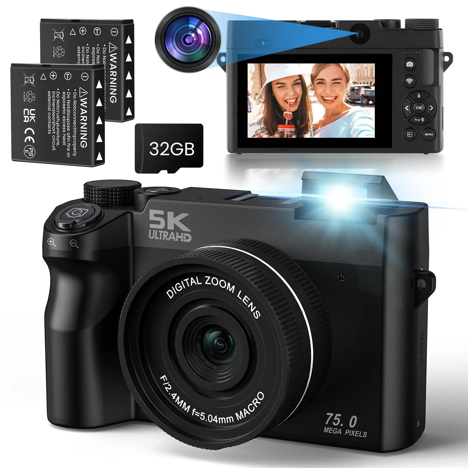 5K Digital Camera for Photography, 75MP Vlogging Camera with 18X Digital Zoom, WiFi Autofocus, 180° Flip Screen, Fill Light, 32GB SD Card and 2 Batteries, Compact Point and Shoot Camera for Teens, Beginners, Travel and Back to School Gift