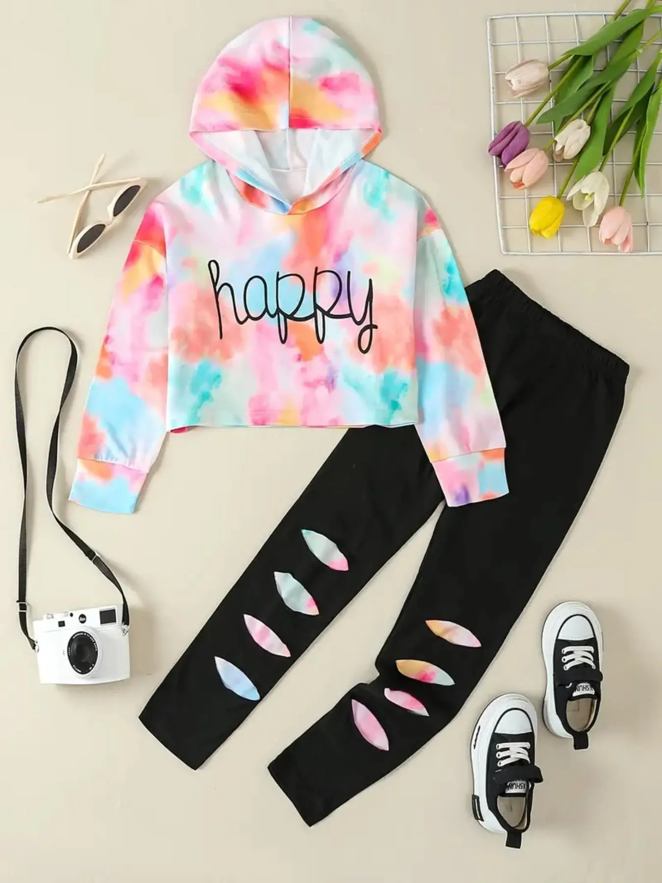 Two-Piece Set Girl's Tie Dye Print Letter Print Sweatshirt & Elastic Waist Pants Set, Casual Fashion Drop Shoulder Long Sleeve Pullover & High Waist T