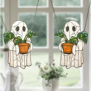 Set of 2: 7.8-Inch Cute "Ghost Plant" Suncatchers — Handmade Stained Glass Window Hangings (Plant Theme) | Ideal for Gardens, Home Walls, and Greenhouses | Party Gifts for Friends