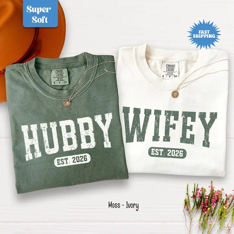 (DM or Note) Custom Year Comfort Colors Wifey Hubby T-Shirt, Newlyweds Tee, Couples Honeymooning Shirt, Matching Couples Gift, Wedding Anniversary Tee