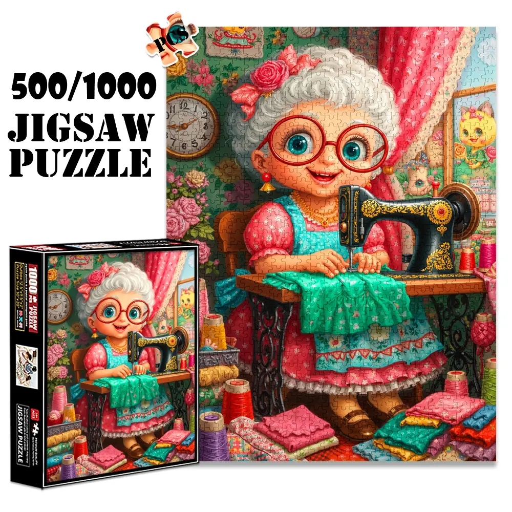 500/1000 Piece Puzzle For Adults Cute Old Lady with Sewing Machine and Thread Rolls Paper Puzzle DIY Creative Game, Challenging Brain Decoration, Christmas and New Year Gifts