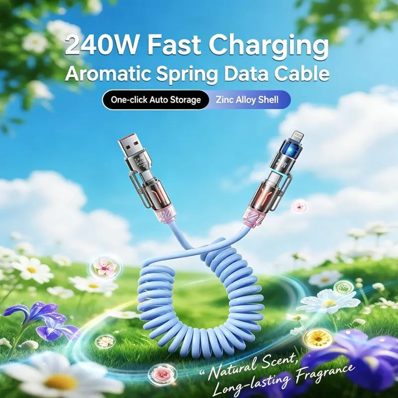 240W 4-in-1 Coiled Charging Cord - 2M (6.6FT) Retractable Spring Wire Fast Charger with RGB Lights, Fresh Scent, Alloy Multi-Connector, Coiled Plug for Mobile Devices, iPhone, MacBook, iPad, USB Android