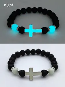 Luminous Cross Design Beaded Bracelet, Fashionable Jewelry for Women & Men, Trendy All-match & Exquisite Jewelry for Birthday Gift, Xoxo Style Bracelet, Cross Charm Bangle