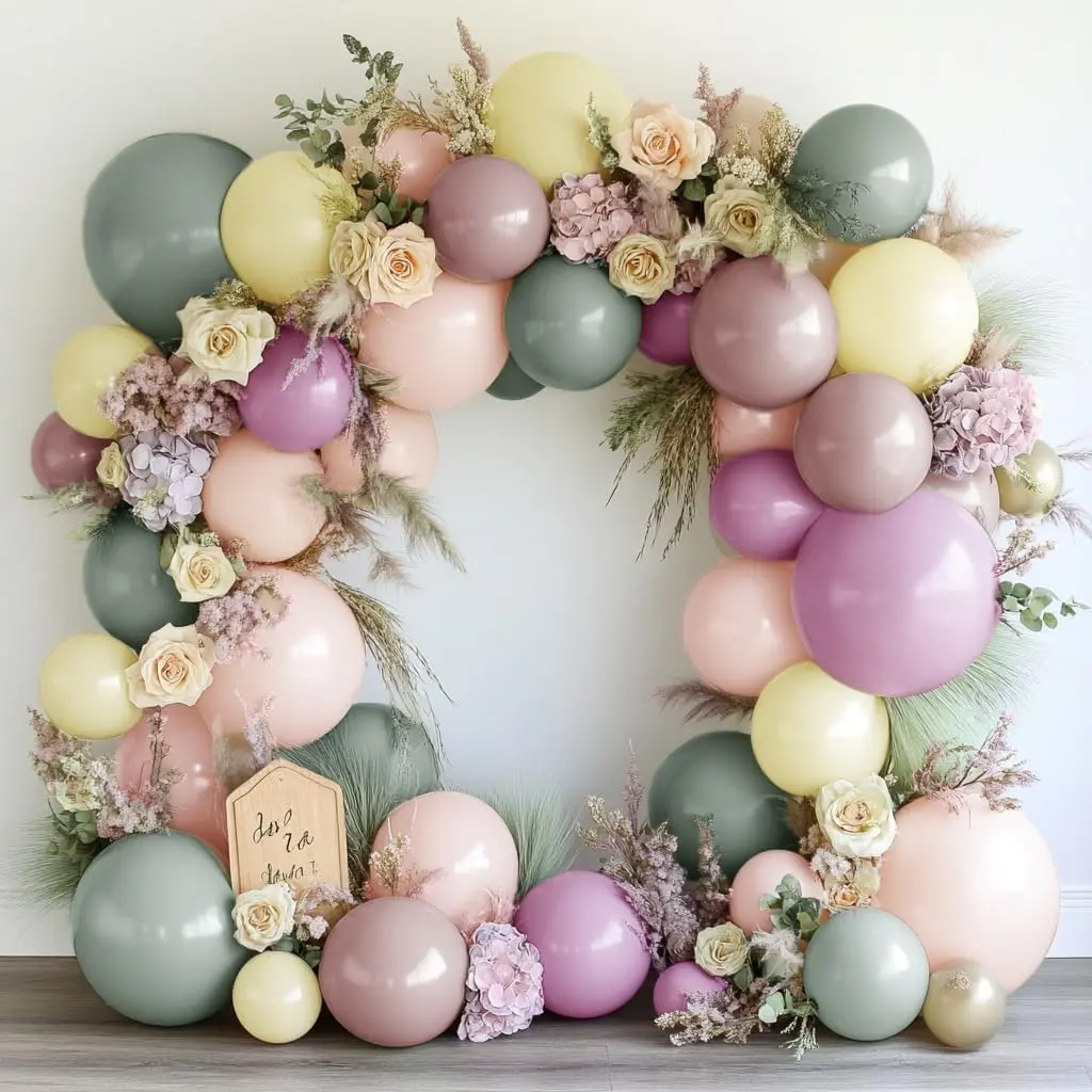 Double-Stuffed Pastel Balloon Garland & Arch Kit - 18inx2,5inx15 Dusty Green,Yellow Haze,Purple Balloons with Flower Shower Accents for Easter,Birthday Decorations