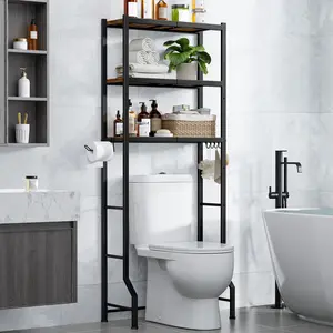 2/3-Tier Over The Toilet Storage Rack, Rustic Brown Wood Shelves with Black Metal Frame, Space Saving Bathroom Organizer, Freestanding Toilet Shelf for Small Bathroom, Laundry Room, Easy Assembly, Stable Iron Wood Toilet Storage Rack