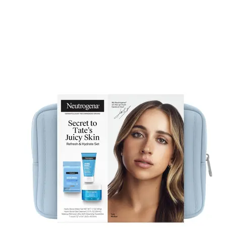Neutrogena Tate McRae Hydration Set, 3 Items: Hydro Boost Gel Cleanser, Makeup Remover Wipes, & Water Gel Moisturizer for Gentle Juicy Hydration & Skin Repair
