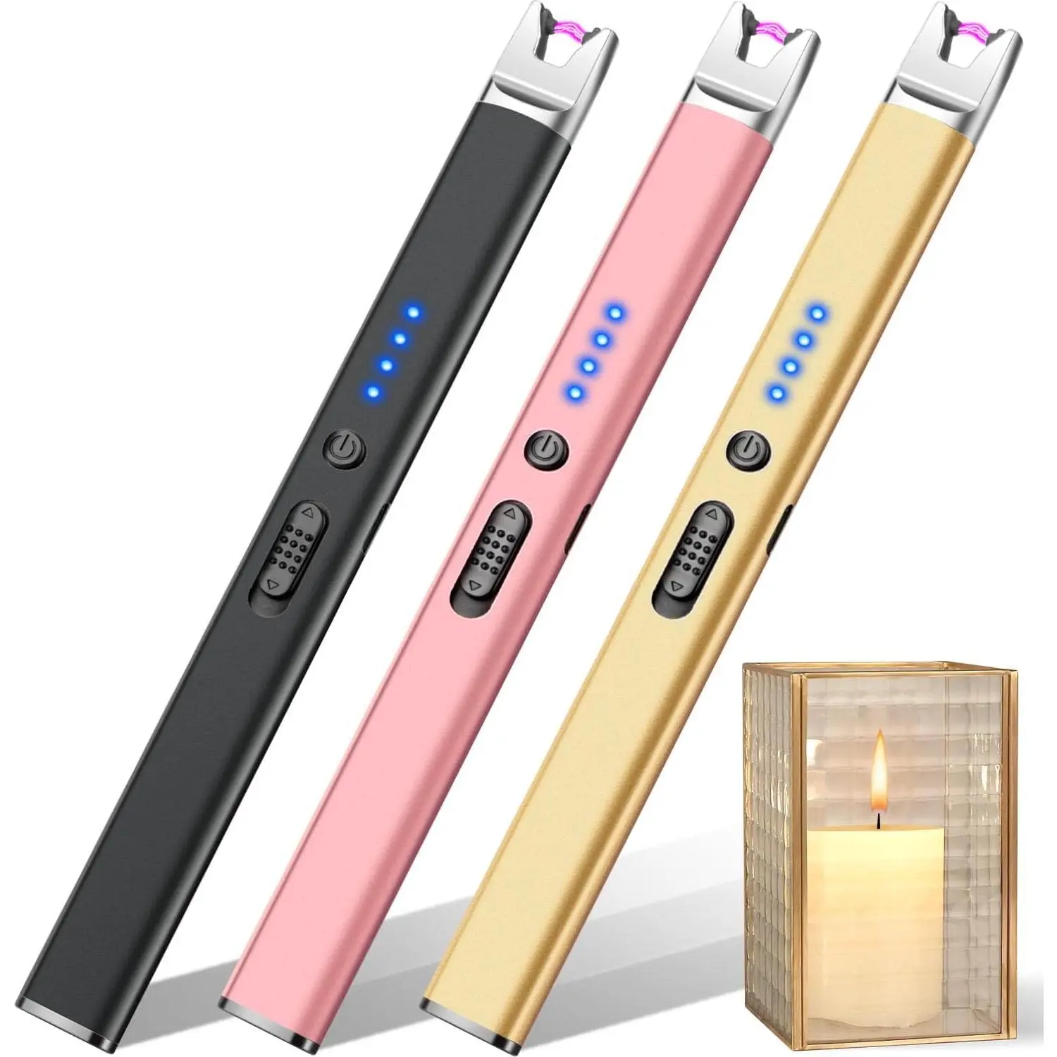 3 Pack Electric USB Rechargeable Plasma Arc Candle Lighters - Safety Lock, Windproof Flameless, for Bedroom Decor, Grill (Black, Pink, Blue)