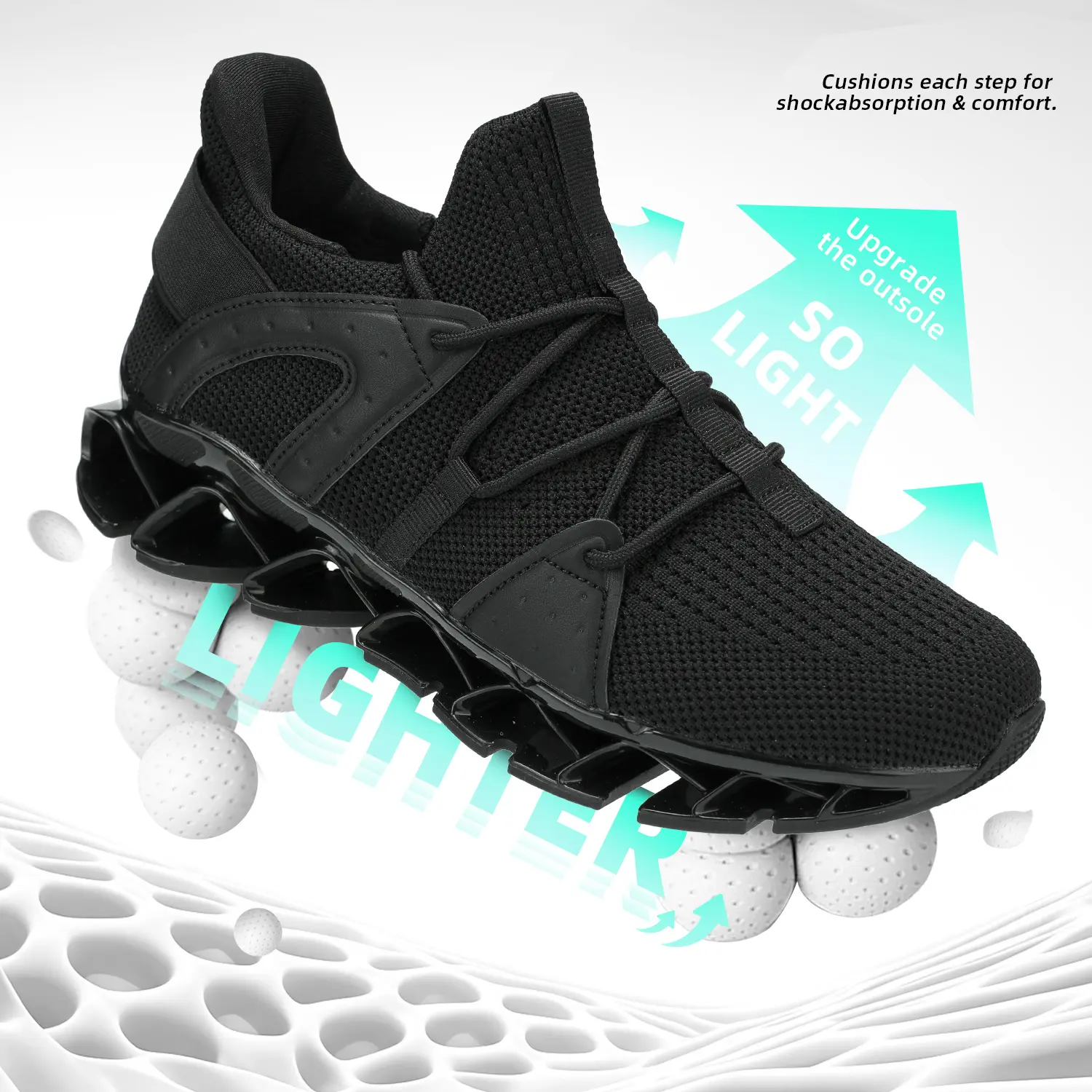 Men's All-Black Casual Trainers, Lighter Blade Running Shoes with Breathable Knit Mesh, Shock-Absorbing Mechanical Sole, Cushions, TPU Support, All Seasons Athletic Walking Shoes (EU43/US9.5)