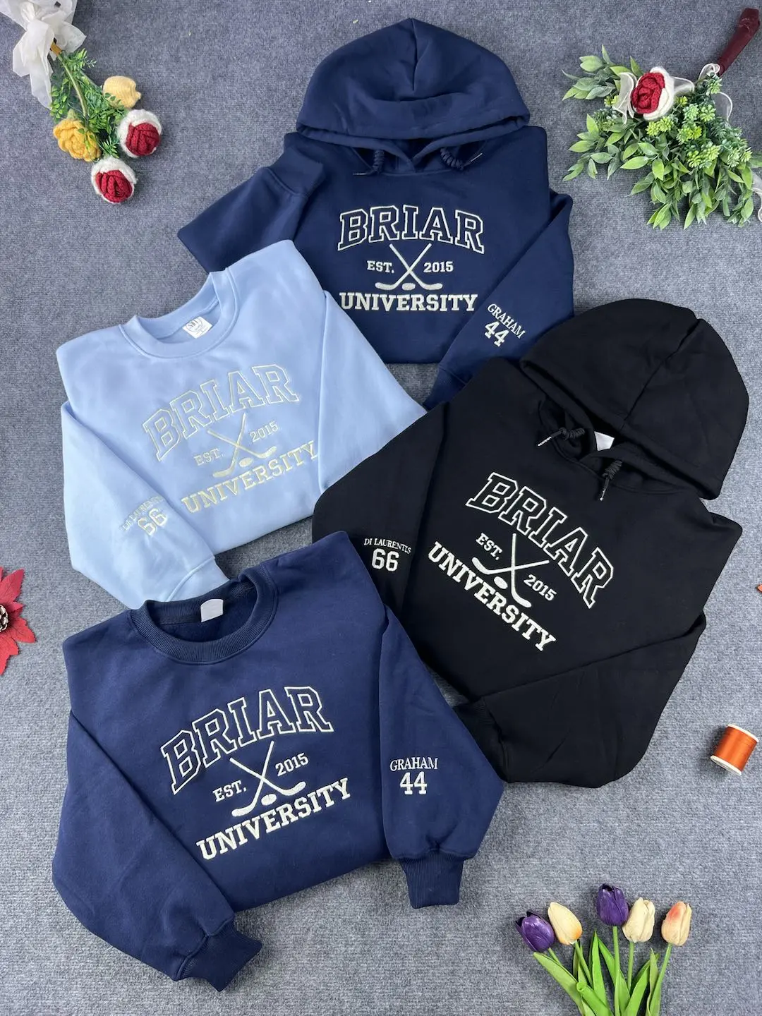 Women's Casual Long Sleeve Embroidered Briar University Hockey Hoodie - Di Laurentis 66, Graham 44 Hockey Romance Bookish Tops