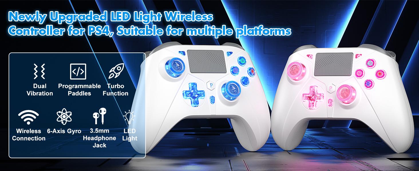 Wireless Controller for PS4, PS4 Pro, PS4 Slim with RGB Light, Turbo Function & Programmable Back Paddles – 1000mAh Fast Charging, 6-Axis Gyro, Dual Vibration, 3.5mm Audio Jack, 15H Game Time