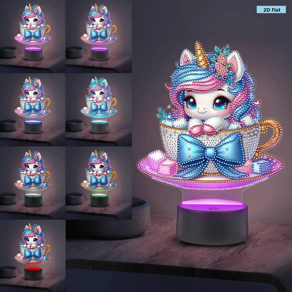 20cm DIY Unicorn Diamond Painting Night Light - Classic Acrylic Panel Decorative Lamp, Auto-Dimming LEDs Double-Sided Glow Flower Design Table Lamp, Water Diamonds & Tools Included, Needlework Craft Gift for Bedroom, Dimmable Desk Light