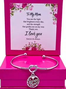 Mom Charm Bracelet Bangle Gift for Christmas Mothers Day Birthday Personalized Set with Card Super Mom Charm Adjustable Stainless Steel