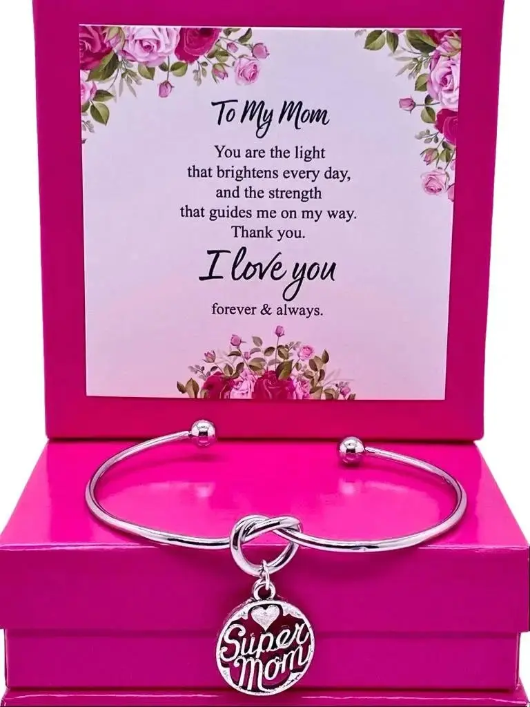 Mom Charm Bracelet Bangle Gift for Christmas Mothers Day Birthday Personalized Set with Card Super Mom Charm Adjustable Stainless Steel