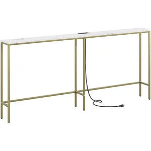 70.9 Inch Console Table with Power Outlet,Modern Narrow Long Sofa Table Behind Couch,Skinny Entry Table with  Metal Frame for Entryway,Living Room, Hallway,Marble White