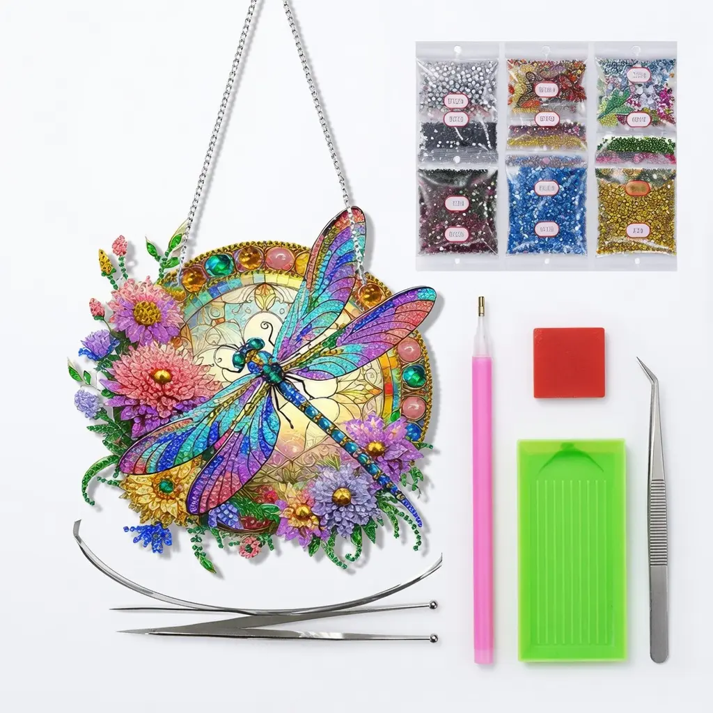 5D Diamond Painting Hanging Pendant Kit for Adults – DIY Flower & Dragonfly Double-Sided Diamond Art Window Hanging Ornament with Crystal Rhinestones, Home Decor Gift