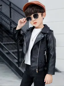 Boys PU Leather Jacket Coat, Zip Up Coats, Spring & Fall Outerwear, Stylish Turn-Down Collar Design, Trendy Baby Boys' Clothing