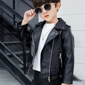 Boys PU Leather Jacket Coat, Zip Up Coats, Spring & Fall Outerwear, Stylish Turn-Down Collar Design, Trendy Baby Boys' Clothing