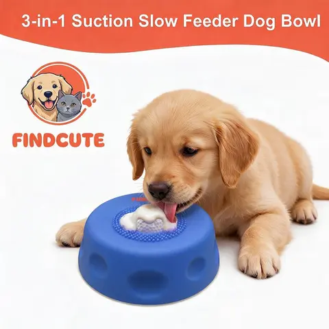 FINDCUTE 3-in-1 Interactive Enrichment Slow Feeder Dog Lick Bowl - Food-Grade Silicone, Hygienic Seamless Surface, Detachable Deepclean Base+Ball for Deep Cleaning, Splash-Free Bowl, Safe for Fast Eaters, Reduces Bloat, Less Mess, Fits Yogurt & Broth