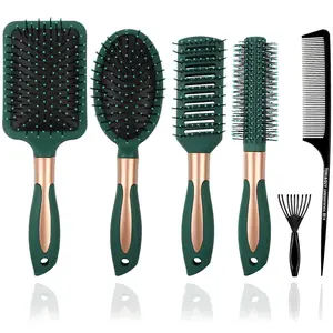 6 Pcs Wet Hair Brush Set – No Tangle Paddle Brushes for Men & Women with Curly or Straight Long Hair (Dark Green)