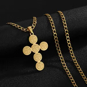 Catholic Saint Benedict Stainless Steel Cross Pendant Necklace for Women Men Jesus Chain