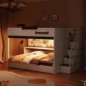 Full Over Full Bunk Bed Frame with Twin Size Trundle, Wood Modern Bunk Bed with Storage Staircase & Open Shelves & 3-in-1 LED Light for Bedroom (White)