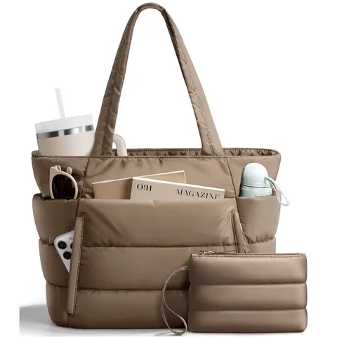 Bagstellar Women's Quilted Puffer Tote - 20L Lightweight Work Home Organizer Storage Bag with Makeup Bag & Zipper, Mom Gifts for Daily Use
