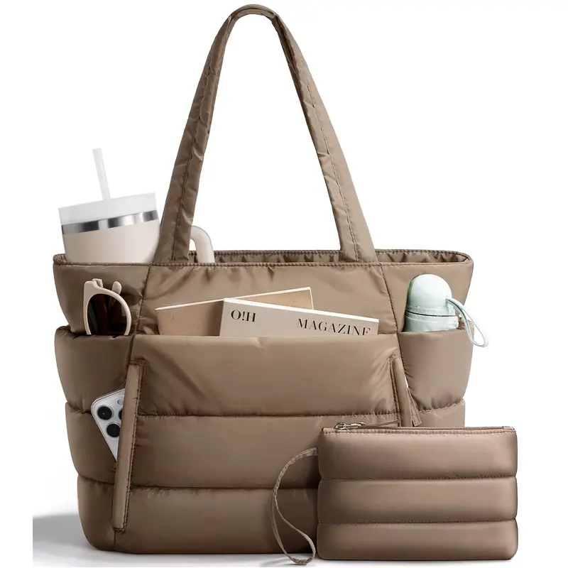 Bagstellar Women's Quilted Puffer Tote - 20L Lightweight Work Home Organizer Storage Bag with Makeup Bag & Zipper, Mom Gifts for Daily Use