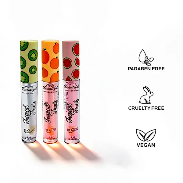 Brazilian Lip Gloss Kit (3-Pack) by Face Beautiful - Watermelon, Kiwi & Peach, Lightweight Non-Sticky Ultra-Glossy Wet-Look Hydration with Fruity Fragrance, 4 ml / 0.14 fl oz Each