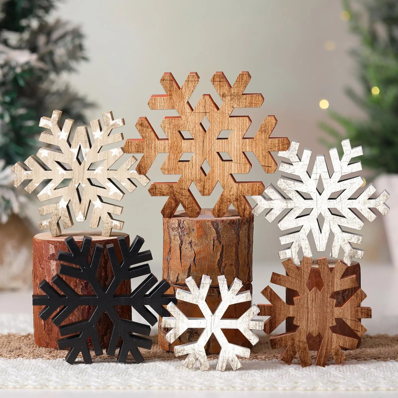 Set of 6 wooden farmhouse Christmas dining table decorations: centerpieces for the table, including a rustic Christmas tree house ornament, reindeer/elk design, angel motif, snowflake wood signs, and tiered tray decor—perfect as a Christmas gift (snowflak