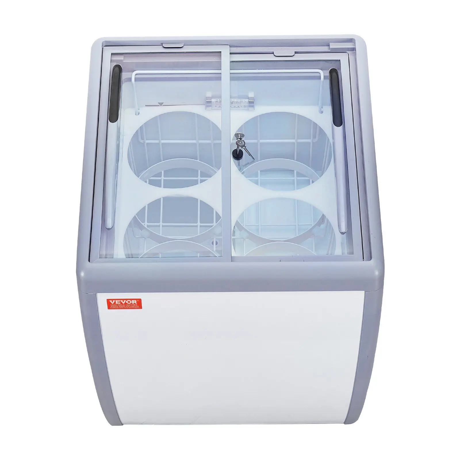 VEVOR 158 L/5.6 Cu.ft Commercial Energy-Efficient Deep Freezer, Mobile Glass Top Chest Freezer with 4 Large Tubs, 2 Sliding Glass Doors, Locking Casters, LED Lighting, Constant Temperature System for Ice Cream Shops, Drink Bars, White