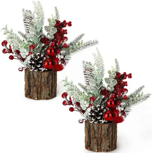 Small Christmas Tree Tabletop Artificial Mini Christmas Tree Decorations with Holiday Ornaments Red Berry Pine Cone Greenery for Home Indoor Fireplace Mantel Xmas Decor (2Pcs -Tree Stump-Red)