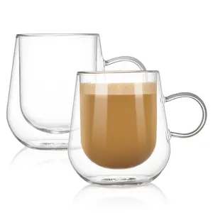 Bacimi Double Wall Insulated Coffee Mugs (Set of 2 / 12oz) - Clear Borosilicate Mug with Handle - Thermal Drinking Cups for Espresso, Cappuccino, Latte, Tea, Hot Beverage, Wine - Microwave Safe Drinkware Glass Handmade Stylish