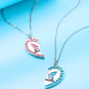 2pcs Best Friend Butterfly Heart Pendant Necklaces – Pink & Blue Split Charm Jewelry Gift for BFF Girls and Teens, Birthday Gift, Everyday accessories
