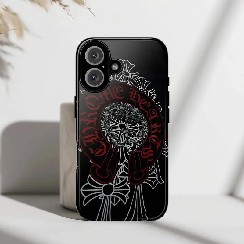ChromeHearts Red Gothic Cross Phone Case, Edgy Luxury Vintage Phone Case for iPhone 17 16 15 14 13 12 11 Pro Max