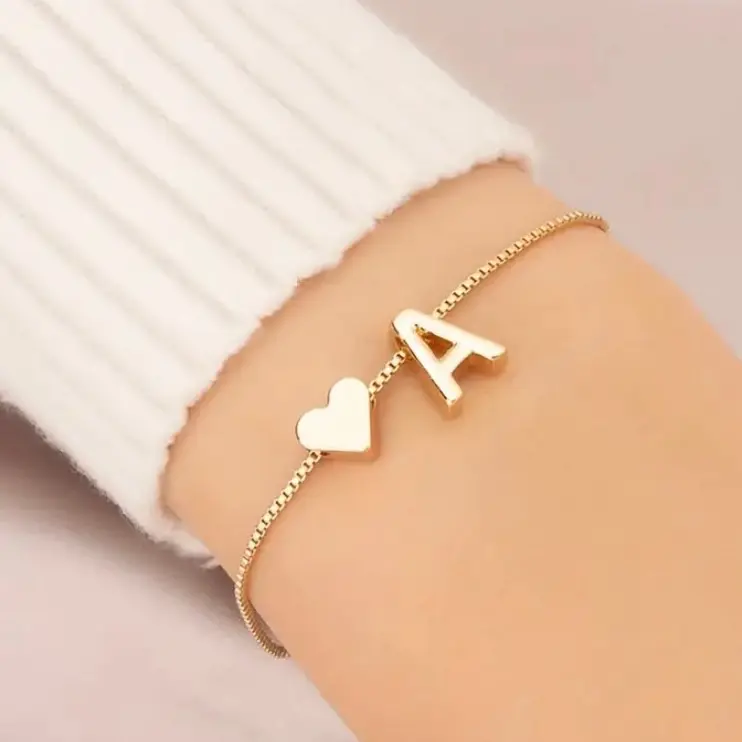 Letter Mini Love Heart Thin Chain Bracelet - Simple Minimalist Design with Gold Letter A and Heart, Ideal for Gifts and Decoration