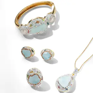 BABY OCEAN -  Gold Plated Aquamarine Jewelry Gift Set Dazzling Ocean Crystal Bracelet Ring Earrings Necklace Hypoallergenic Soft Blue Tones Elegant Luxury Gift Box for Her 2025 Trending Holiday Jewelry