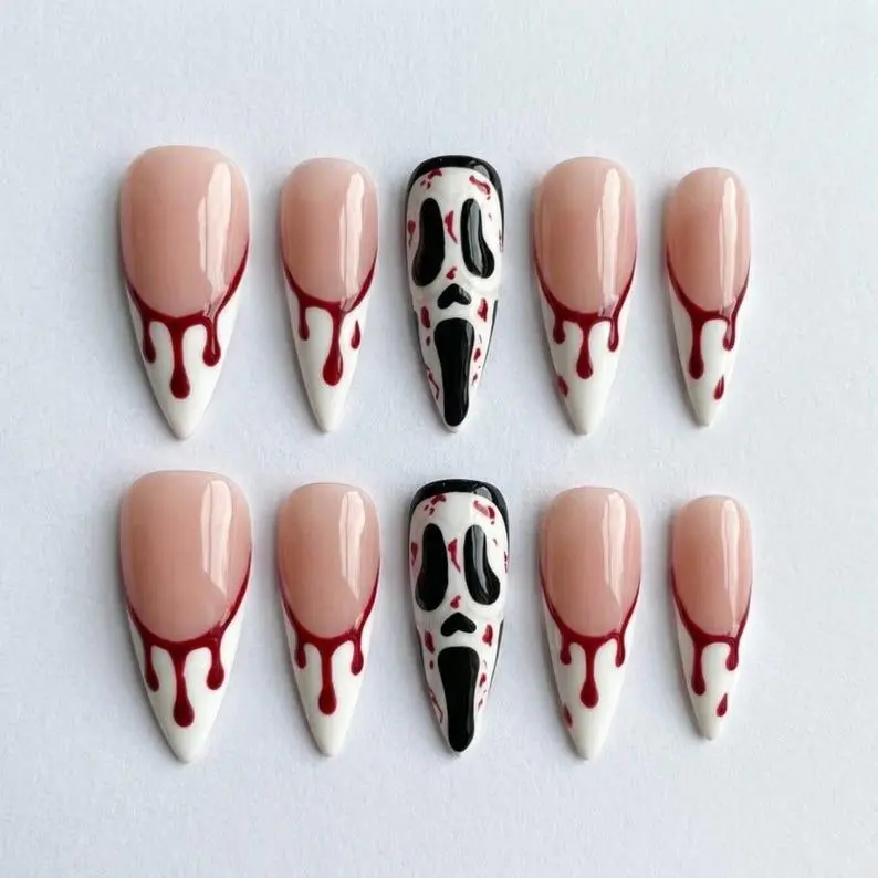 Scream Ghostface Press On Nails Stiletto Blood Drip French