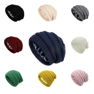 Winter Beanie Hat for Women Satin Lined Cable Knit Chunky Slouchy Beanies Skull Warm Cap