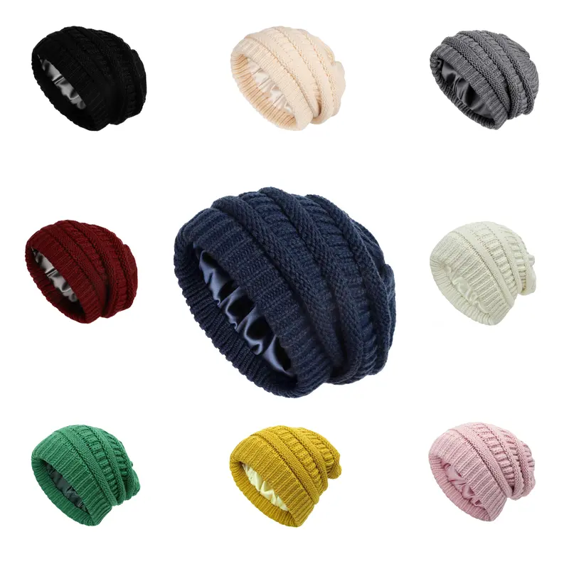 Winter Beanie Hat for Women Satin Lined Cable Knit Chunky Slouchy Beanies Skull Warm Cap