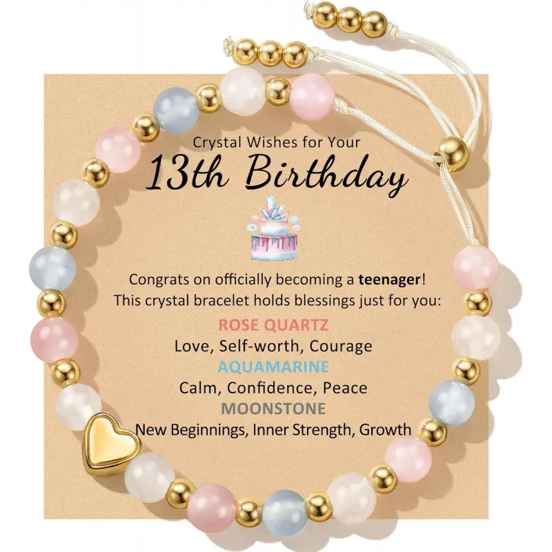 Non-Natural Crystal Bracelet for Girls - Adjustable Aquamarine, Moonstone, Rose Quartz Beads - Heart Charm Bracelet for Female 10/13/16-Year-Old Birthday Gifts (Genuine, Natural Crystals for Daughter)