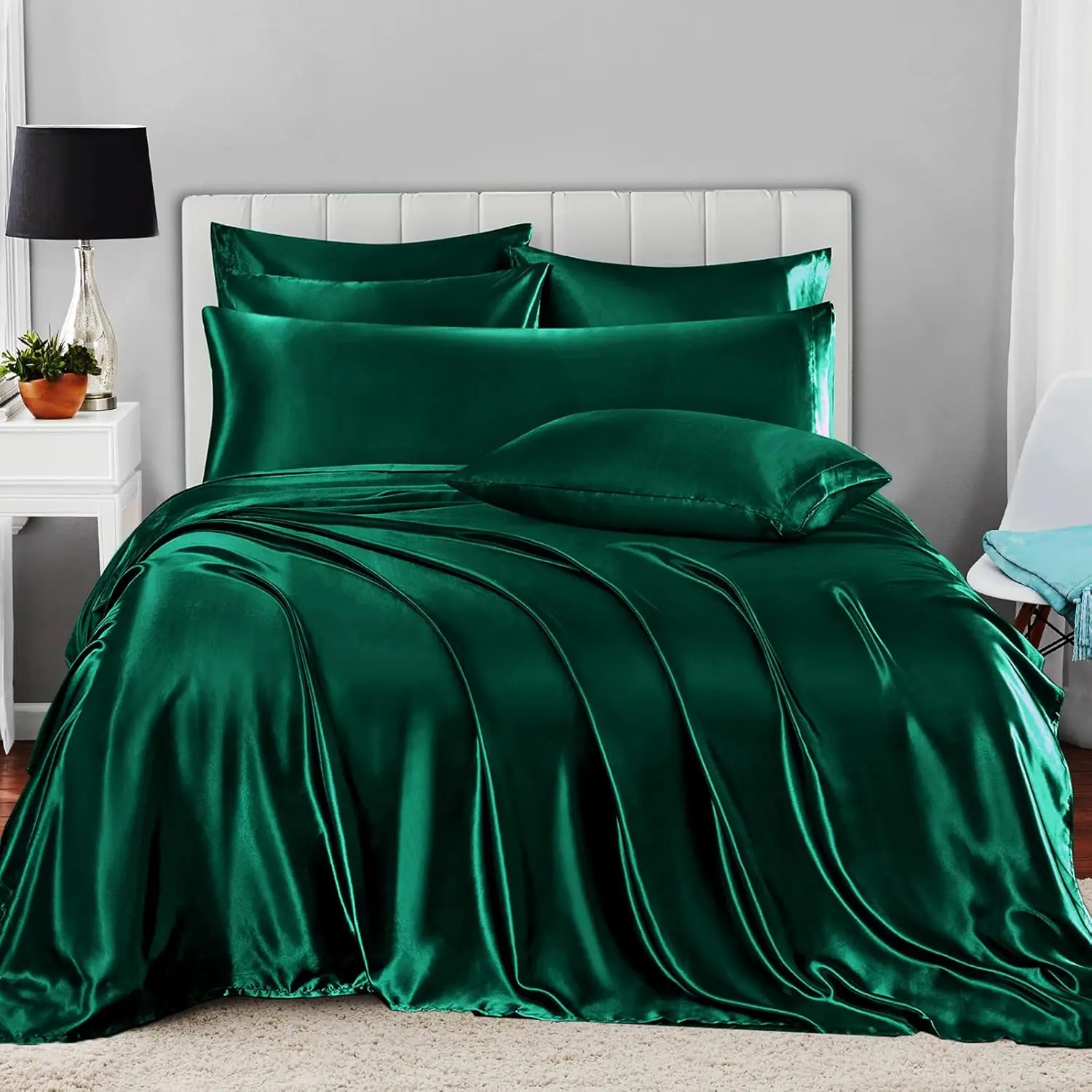 Solid Color Satin Silky Soft Bedding Set, 1 Count Deep Pocket Bedspread & 1 Count Flat Sheet & 4 Counts Pillowcase & 1 Count Long Pillowcase, Bedding Supplies for Home Bedroom