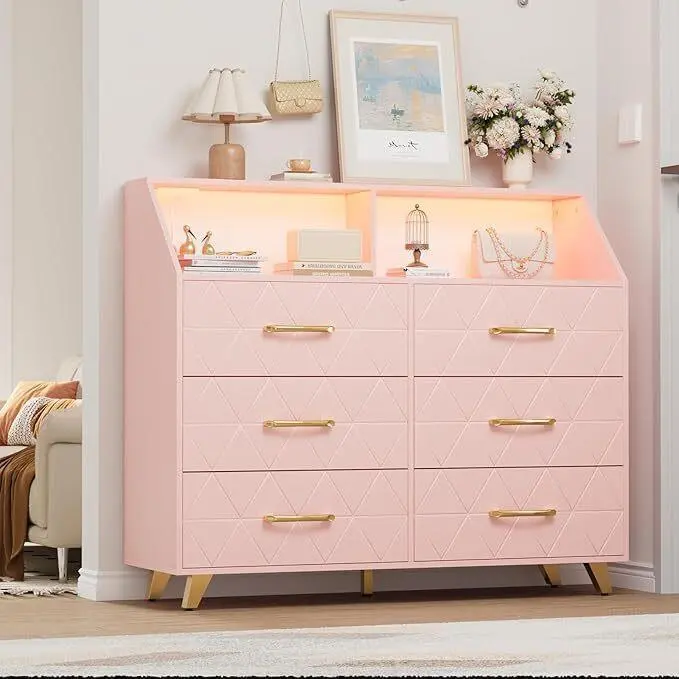 Dresser for Bedroom with 6 Drawers, Modern Chest of Drawers with Charging Station & LED Lights, Freestanding ，for Living Room Closet, Pink