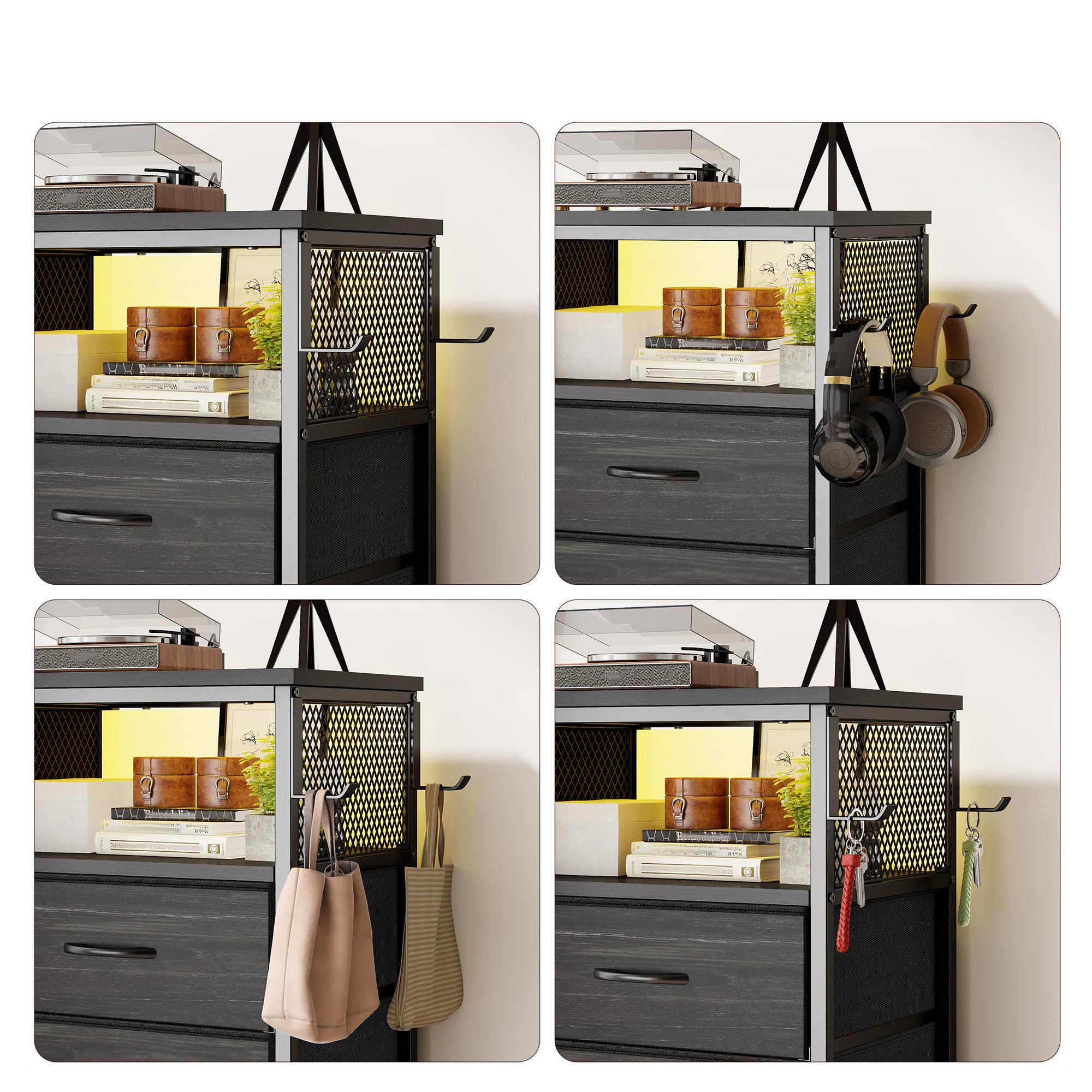 Raybee 37.5" Tall LED Night Stand with 5 Drawers for Tall Bed, Black Narrow Dresser with Charging Station for Living Room, Night End Table with Extra Side Bag & Hooks, Bedside Table with Power Stripe, Bedroom, Closet, Hallway, Entryway, White, Brown