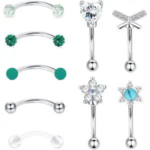 8-9Pcs 16G Surgical Steel Curved Barbell Set  Multi-Use Body Piercing Jewelry | Rook, Daith, Eyebrow & Lip Rings | Hypoallergenic & Sensitive Skin Safe 8mm